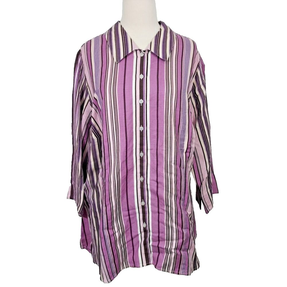 Lane Bryant Women Top Plus 22/24 Button Up Shirt Linen Blend Purple White Stripe